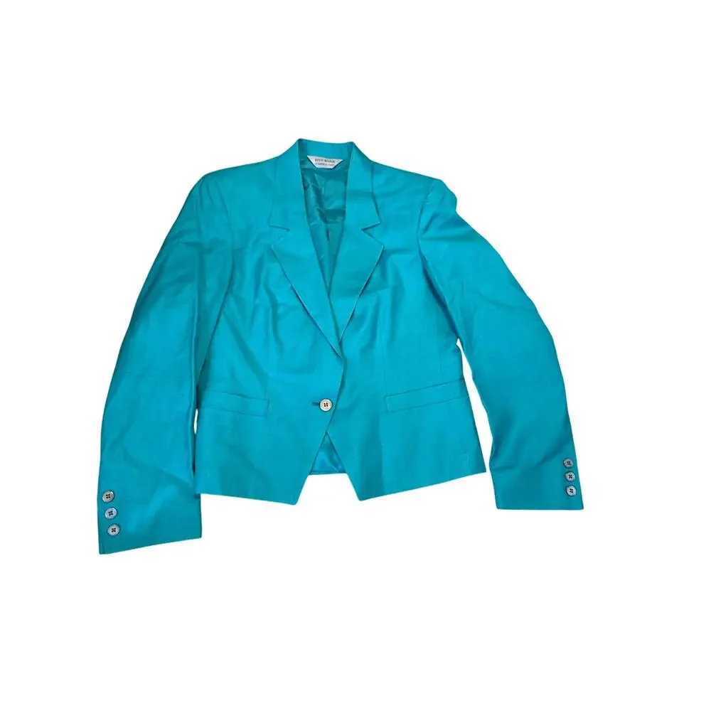 Vintage John Brooks 100% Silk Teal Two Piece Jacket Pleated Midi Skirt Set Sz10